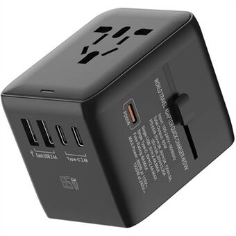 HHT901A Verdensomspennende Reiseadapter Veggplugg GaN Adapter PD 65W Hurtiglading Pluggkonverterer