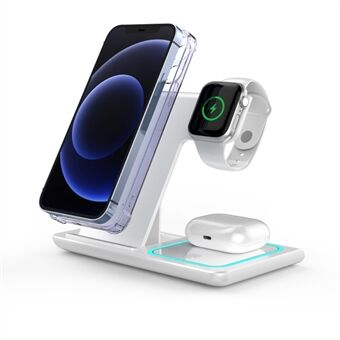 X455 Sammenleggbar 3-i-1 15W trådløs lader Desktop Qi Fast Charging Stand Dock for iPhone Android iWatch AirPods