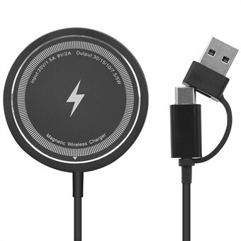 W104 USB+Type-C Grensesnitt Trådløs Lader 15W Trådløs Ladeplate Kompatibel med MagSafe