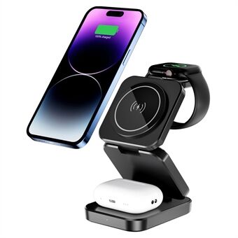 A380 3-i-1 15W Hurtiglading Stativ Sammenleggbar Magnetisk Trådløs Lader Kompatibel med iPhone / Apple Watch / Airpods