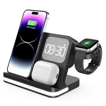 B-22 3 i 1 Trådløs Lader 15W Ladestasjon for iPhone / Apple Watch, AirPods med Vekkerklokke