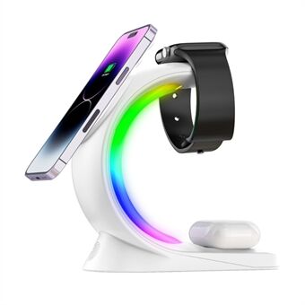 T17 3-i-1 RGB lys magnetisk trådløs lader for iPhone 12 / 13 / 14 / 15-serien Desktop Stand kompatibel med MagSafe