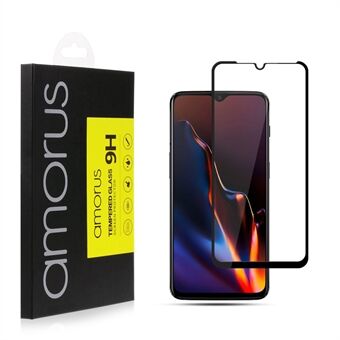 AMORUS for OnePlus 6T 9H silkeutskrift i full størrelse herdet glass Anti-eksplosjonsskjermbeskytter [full lim] - svart