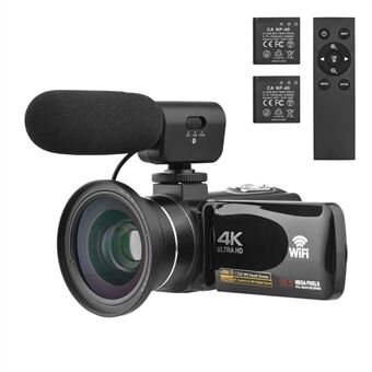 4K digitalt videokamera 3,0 tommers IPS berøringsskjerm WiFi videokamera Bærbar DV-opptaker 56MP 18X digital Zoom støtte Ansiktsgjenkjenning IR Vision med 2 batterier + fjernkontroll + bæreveske + ekstern mikrofon + 0,39X vidvinkelobjektiv