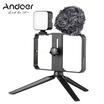 Andoer smarttelefon videobursett inkludert 2 stk mini LED Stand + minimikrofon + håndholdt smarttelefon videobrakett + mini stasjonær stativstativ