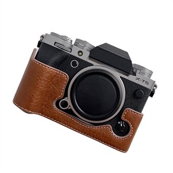 For Fujifilm X-T5 Buffalo Texture PU-lærkamera Bunndeksel Flanellfôr Halvkroppsbeskyttelsesdeksel med batteriåpning